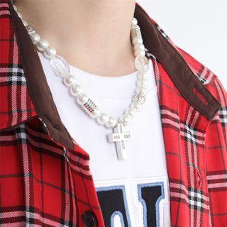 Cross Pendant Faux Pearl Necklace Silver - One Size