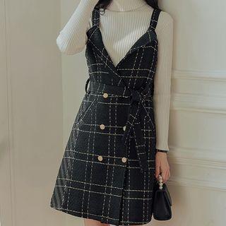 Mock Neck Knit Top / Plaid Overall Dress / Set