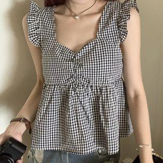 Sleeveless Plaid Blouse Plaid - Black & White - One Size