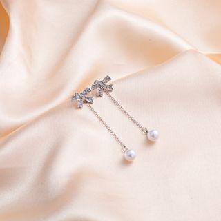 Bow Faux Pearl Dangle Earring 1 Pair - E2714-1 - Silver - One Size