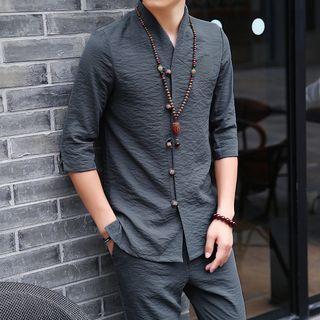 Set: Elbow-sleeve Button Top + Cropped Straight-cut Pants