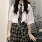Elbow-sleeve Plain Shirt / Plaid A-line Skirt / Plaid Tie