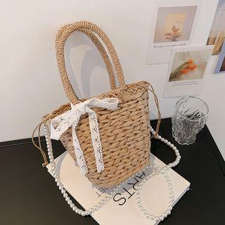 Faux Pearl Woven Top Handle Crossbody Bag