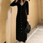 Long-sleeve Button Midi A-line Knit Dress Black - One Size