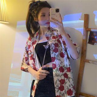 Flower Print Elbow-sleeve Shirt Almond - One Size