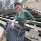 Set: Elbow-sleeve Buttoned V-neck Knit Top + Plaid A-line Skirt