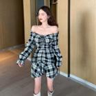Plaid Off-shoulder Long-sleeve Slim-fit Dress As Figure - One Size