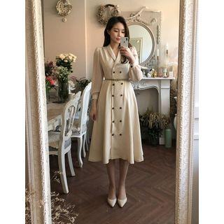 Shawl-collar Sheer-sleeve Long Coatdress