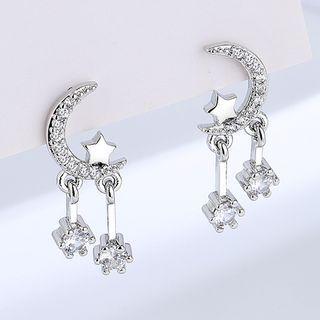 Moon & Star Rhinestone Sterling Silver Fringed Earring 1 Pair - Stud Earring - Silver - One Size