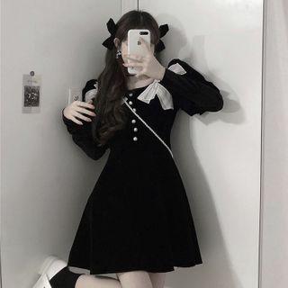Long-sleeve Faux Pearl Bow Mini A-line Dress Black & White - One Size
