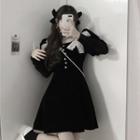 Long-sleeve Faux Pearl Bow Mini A-line Dress Black & White - One Size