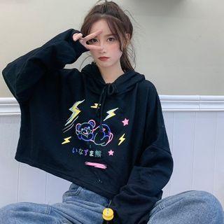 Bear Print Cropped Hoodie