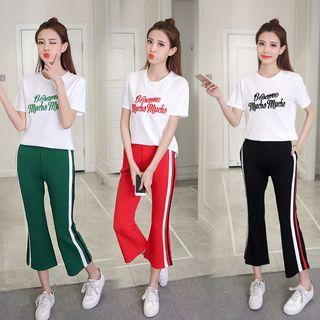 Set: Short-sleeve Lettering T-shirt + Cropped Wide Leg Pants