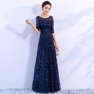 Elbow-sleeve Leaf Detail A-line Evening Gown