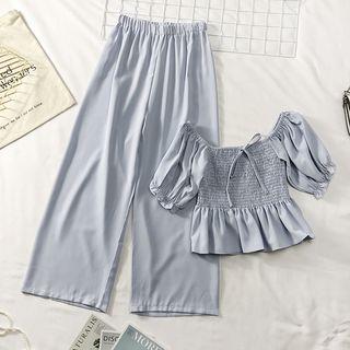 Set: Boatneck Ruffled-trim Crop Blouse + Wide-leg Pants