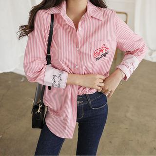 Lettering Embroidered Pinstripe Shirt