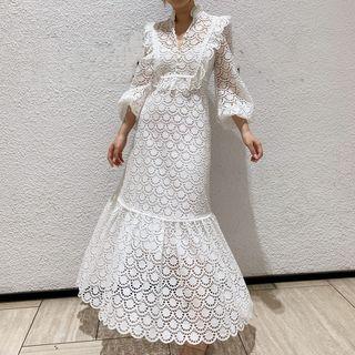 Lantern-sleeve Maxi Lace Dress