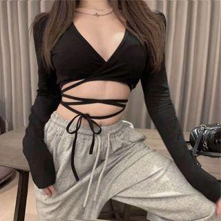Long-sleeve V-neck Cross Strap Cropped Top
