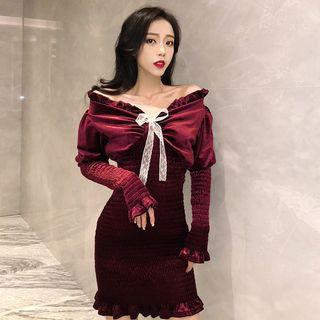 Bow-accent Off-shoulder Long-sleeve Dress