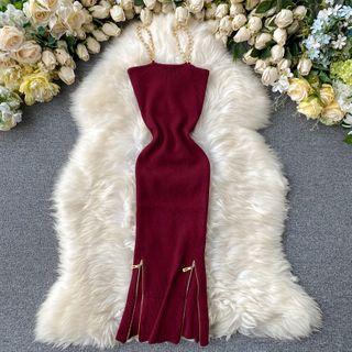 Chain Strap Zip-up Ribbed Midi Knit Dress