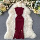 Chain Strap Zip-up Ribbed Midi Knit Dress