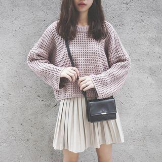 Set: Long-sleeve Knit Sweater + Faux Leather Pleated Mini Skirt