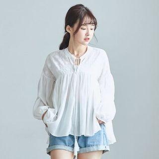 Long Sleeve Tie-neck Tassel Lace Smock Blouse