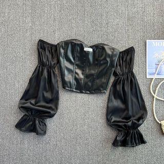 Puff-shoulder Faux Leather Blouse