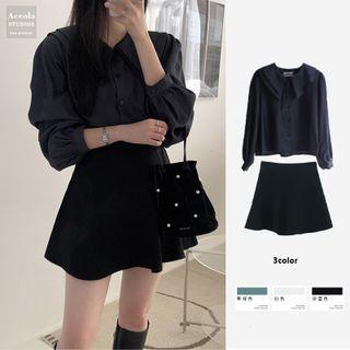 Long-sleeve Layered Collar Button-up Blouse / Mini A-line Skirt
