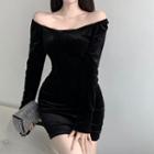 Long-sleeve Off-shoulder Velvet Mini Sheath Dress