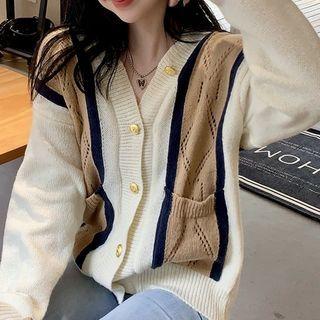 Paneled Pointelle Knit Cardigan Khaki & Off-white - One Size