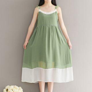 Color Block Strappy A-line Midi Chiffon Dress