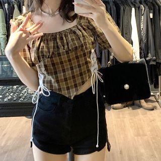 Puff-sleeve Plaid Blouse Brown - One Size