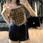Puff-sleeve Plaid Blouse Brown - One Size