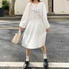Floral Embroidered Balloon-sleeve A-line Dress White - One Size