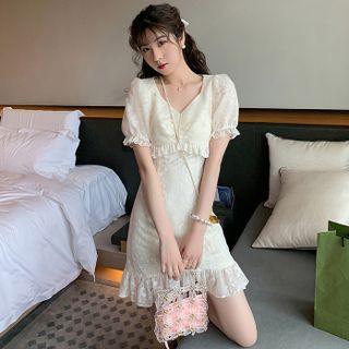 Puff-sleeve Lace Panel Embroidered Floral Dress