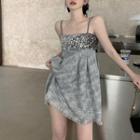 Spaghetti Strap Sequined Panel Plaid Dress Gray - One Size