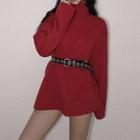 Turtle-neck Plain Velvet Sweatshirt Red - One Size