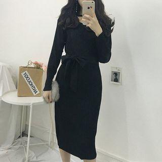 Long-sleeve V-neck Dress With Sash