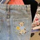 Bear Print Distressed Denim Shorts