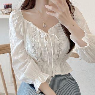 Balloon-sleeve Lace Trim Peplum Blouse