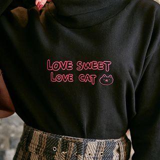 Turtle-neck Letter Embroidered Top Black - One Size