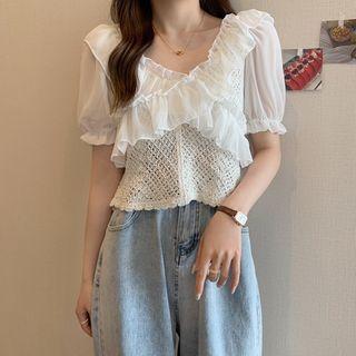 Short-sleeve Ruffle Trim Panel Shirt