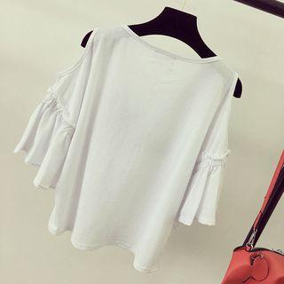 Elbow-sleeve Printed Shoulder Cut Out T-shirt