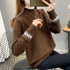 Long-sleeve Mock-neck Contrast Trim Knit Top