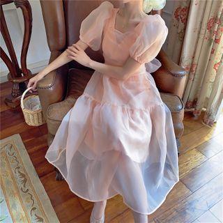 Balloon-sleeve Midi A-line Mesh Dress