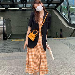 Plaid Spaghetti-strap Midi Dress / Plain Short-sleeve Blazer