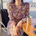 Floral Print Long-sleeve Midi A-line Dress Floral - Purple & Yellow - One Size