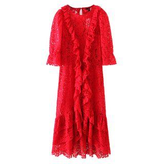 Short-sleeve Ruffled Midi A-line Lace Dress