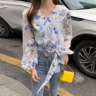 Long-sleeve Floral Embroidered Tie-waist Chiffon Blouse White & Blue - One Size